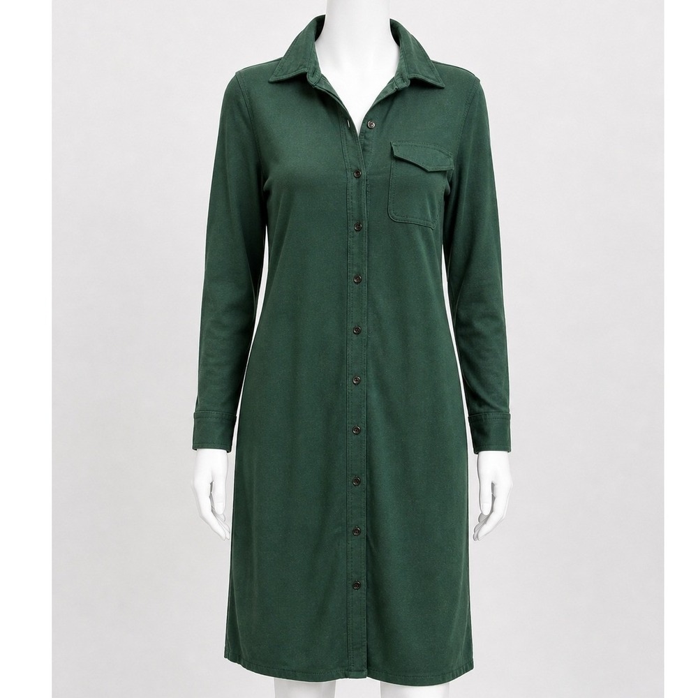 Lands' End Womens Shirt Dress Green Knit Button Front Roll Tab 14
